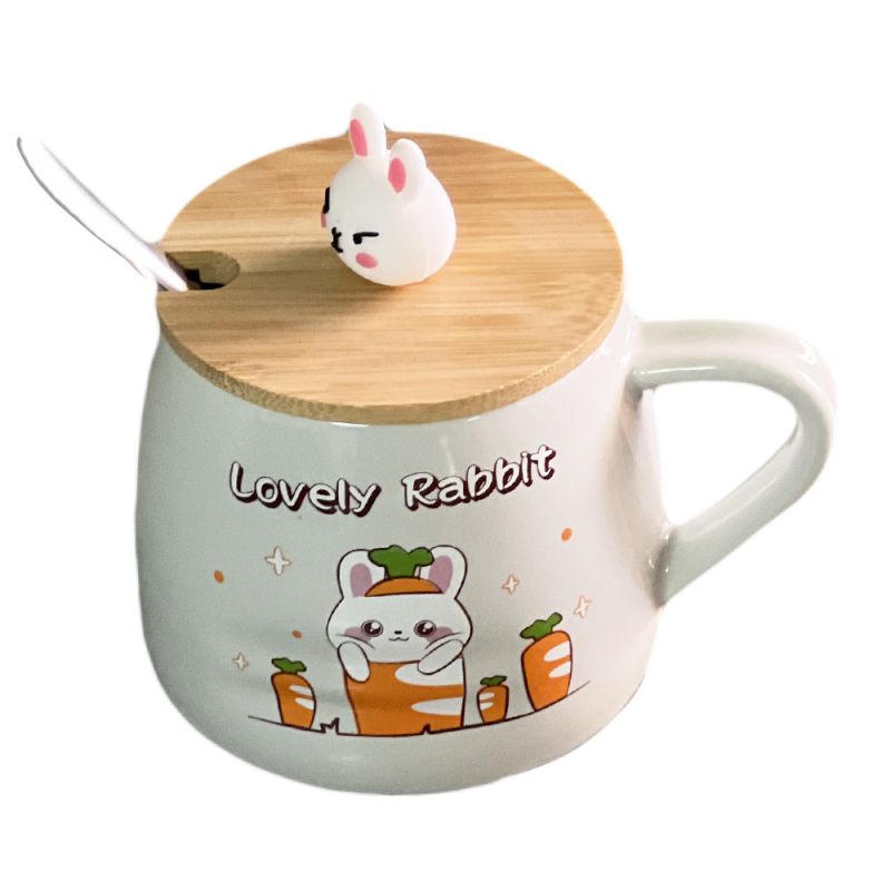 wooden lid ceramic mug with lovely rabbit design